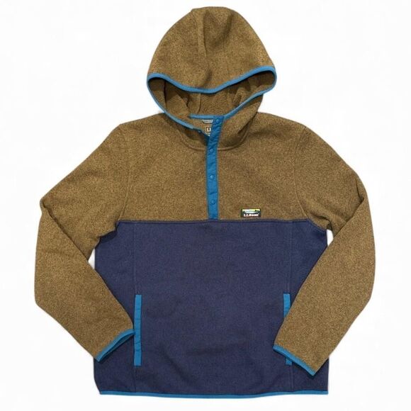 L.L. Bean Hoodie Sweater Fleece Snap Neck Henley Pullover Brown Blue Mens Med - Picture 1 of 8